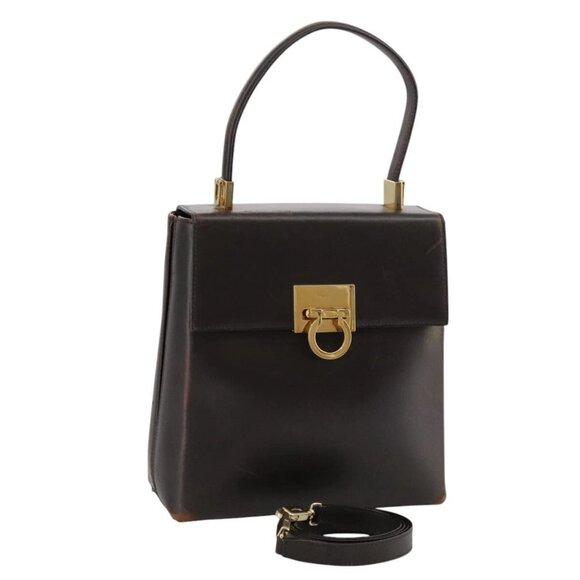 Salvatore Ferragamo Gancini Hand Bag Leather 2way Dark Brown Gold Auth 103214 - Picture 1 of 16